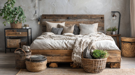 This serene bedroom features a wooden bed soft textiles and natural decor for a cozy retreat.の素材