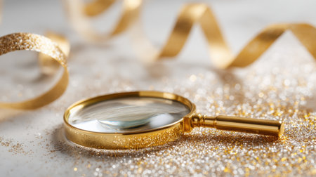 A shiny magnifying glass lies among sparkling gold glitter and a curled ribbon creating a festive mood.の素材