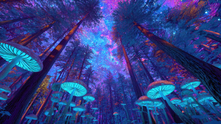 A magical forest with glowing mushrooms under a surreal starry sky at night captivates the senses.の素材