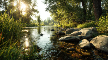 Sunlight filters through trees as a serene river gently flows over smooth stones and vibrant grass.の素材