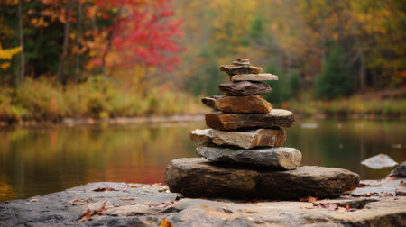 A lovely stack of stones rests on lakeside rocks amid beautiful fall colors reflecting peace and nature.の素材