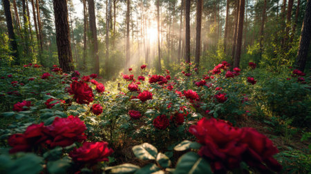 A beautiful forest scene unfolds with sunlight filtering through tall trees highlighting blooming red roses.の素材