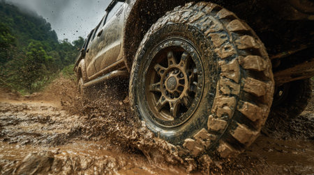 A rugged vehicle navigates through thick mud on a wet trail surrounded by dense trees. The action creates splashes of mud as tires dig deep showcasing the adventurous spirit of off-roading.の素材