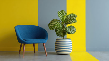 A cozy corner showcases a bright blue chair next to a striped plant pot and colorful walls.の素材