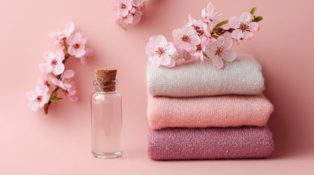 Cozy towels in shades of pink are arranged alongside pretty cherry blossoms and a small glass bottle.の素材