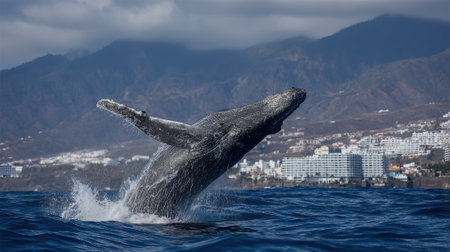 A majestic whale leaps out of the water splashing as it breaches near a beautiful coastal town.の素材