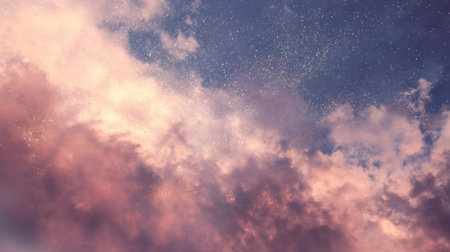 Vibrant clouds stretch across the evening sky blending shades of pink and purple as stars begin to twinkle. The scene captures the beauty of dusk and the approaching night.の素材