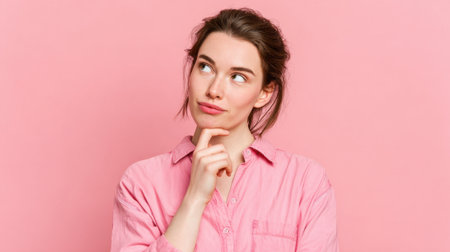 A young woman with a thoughtful expression poses with her hand on her chin dressed in a pink shirt. The background is a soft pink creating a calm atmosphere.の素材