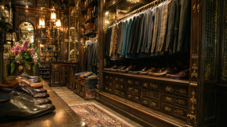 A stylish boutique features a variety of tailored suits and polished shoes displayed on ornate wooden shelves. Soft lighting enhances the warm atmosphere of this vintage clothing store.の素材