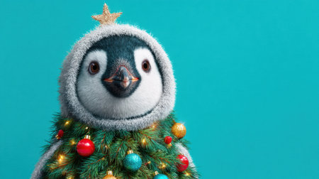 A penguin is adorned in a cozy winter outfit with Christmas lights and ornaments around its neck. It stands against a bright turquoise background ready for holiday fun.の素材