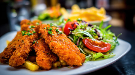 Crispy fried chicken strips are arranged on a white plate. The dish is accompanied by a vibrant salad filled with fresh greens and tomatoes along with golden fries in a warm dining atmosphere.の素材
