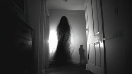 In a dimly lit hallway a tall figure with long hair stands ominously. A small child silhouette is visible nearby creating an eerie atmosphere at night.の素材
