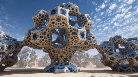 In a barren landscape intricate hexagonal structures rise from the sand showcasing a mix of geometric patterns against a clear blue sky with fluffy clouds. The scene blends nature and design.の素材