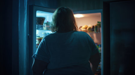 A person stands in front of an open refrigerator at night illuminated by its light. The scene has a calm and quiet atmosphere enhancing the nighttime indulgence.の素材