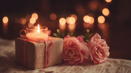 Soft candlelight flickers beside a beautifully wrapped gift and fresh pink roses on a table. The warm glow enhances a romantic and intimate setting perfect for a special occasion.の素材