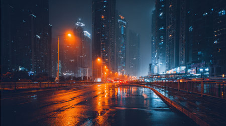 A vibrant city scene shows tall skyscrapers illuminated by neon lights on a rainy night. The wet streets reflect the glow creating a captivating atmosphere.の素材
