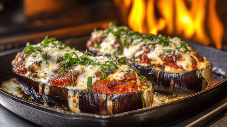 Two baked eggplant stuffed with cheese and tomato sauce. The dish is served in a pan and is ready to be eatenの素材