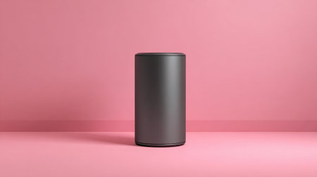 A sleek gray trash can stand on a pastel pink surface. The minimalist design highlights the contrast between the muted color of the can and the vibrant background creating a stylish environment.の素材