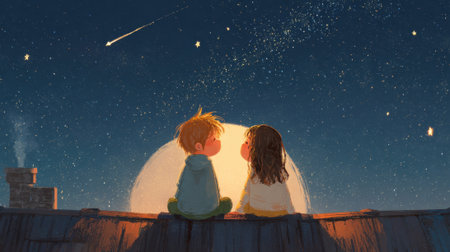 A boy and girl are looking at the stars together. Scene is romantic and peacefulの素材