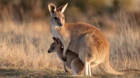 A kangaroo stands protectively over her joey in the tall golden grass. The sun casts a warm glow highlighting both animals fur as they enjoy the peaceful late afternoon.の素材