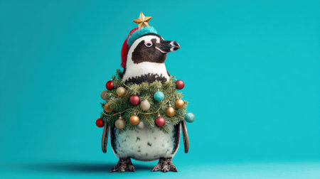 A cheerful penguin is adorned in a bright Christmas hat and surrounded by a wreath of colorful ornaments. This festive scene captures the spirit of holiday celebrations.の素材