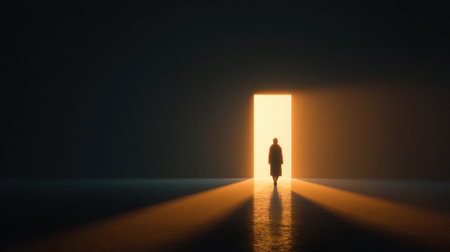 A lone figure walks towards a glowing doorway casting long shadows on the ground. The dark environment contrasts with the bright light creating a sense of mystery and anticipation.の素材