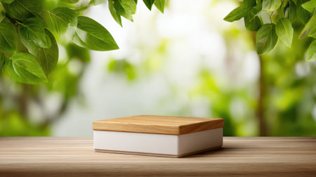 A wooden box sits on a wooden table in front of a lush green background. The box is empty, but it has a natural and earthy feel to it, which complements the surrounding greeneryの素材