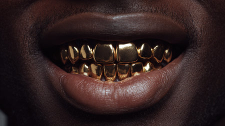 Close-up of a smiling person showcasing golden grillz on their teeth highlighting a bold trend in modern street fashion that emphasizes individuality and flair.の素材