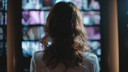 A woman with long wavy hair stands in front of several illuminated screens. The room is dimly lit creating a focused atmosphere as she observes the displays.の素材