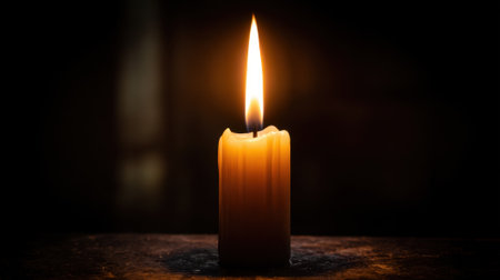 A single candle burns brightly casting a warm glow in a dark room. The flickering flame creates a peaceful atmosphere perfect for relaxation or meditation.の素材