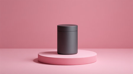 A sleek gray container sits atop a circular pink platform. The simple design highlights modern aesthetics in a stylish setting emphasizing minimalism and color contrast.の素材