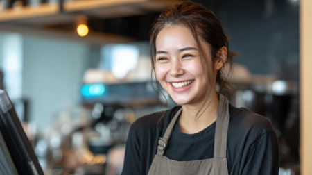 A smiling woman in a black apron stands behind a counter. She is wearing a black shirt and apronの素材