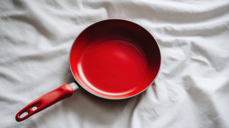 A shiny red frying pan sits on a clean white cloth. Its vibrant color adds a bold touch to the kitchen inviting culinary creativity and delicious recipes.の素材