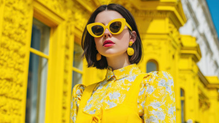 A woman in a yellow dress and sunglasses stands in front of a yellow building. The bright yellow color of the building and the dress creates a cheerful and vibrant moodの素材