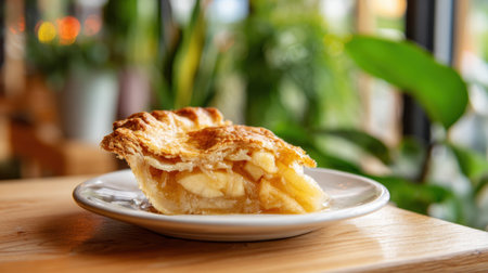 A slice of apple pie is on a white plate. The pie is cut in half and is sitting on a wooden tableの素材