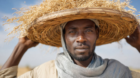 A man wearing a straw hat and a scarf is holding a basket. The man has a serious expression on his faceの素材