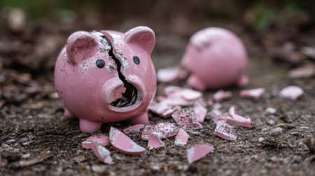 A cracked pink piggy bank sits on the ground with coins and pieces scattered around. Sunlight filters through trees highlighting the scene of broken savings.の素材