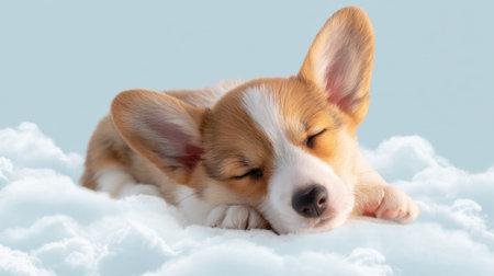 A small dog is sleeping on a cloud. The dog is brown and whiteの素材