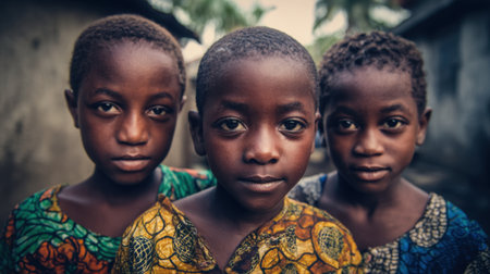 Three young girls are standing in front of a wall, wearing colorful clothing. Scene is cheerful and lively, as the girls are posing for a picture togetherの素材