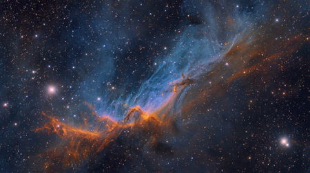 A stunning view of the night sky, with a long, orange and blue nebula in the center. The stars are scattered throughout the sky, creating a sense of depth and wonderの素材