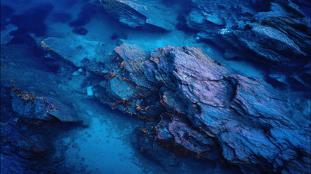Large textured rocks are visible beneath crystal clear water revealing interesting shapes and colors. Sunlight illuminates the serene underwater scene highlighting marine life.の素材