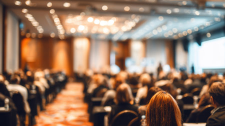 A crowded conference hall filled with individuals listening to speakers on stage. The atmosphere is professional with various people taking notes and participating in discussions.の素材