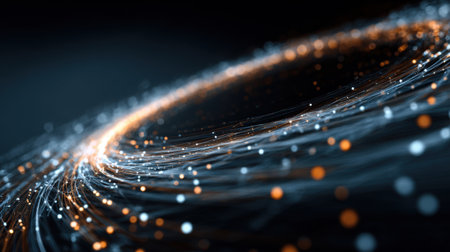 Virtual strands of light spin and dance in a dark setting combining vibrant colors and creating a sense of energy and motion. The design captures fluidity beautifully.の素材