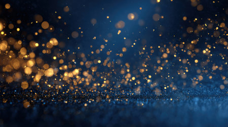 Golden particles shimmer and swirl gracefully in the air creating a magical atmosphere over a dark blue surface during an enchanting night scene.の素材