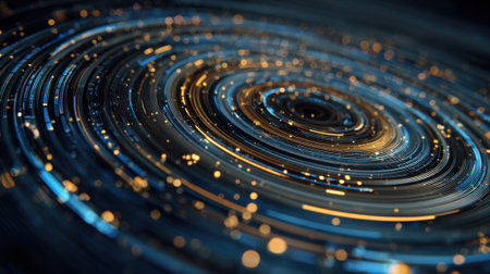 Swirling patterns of blue and gold create a vivid galaxy scene filled with shining lights and a sense of cosmic motion highlighting the beauty of space.の素材