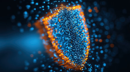 A digital shield made of luminous blue and orange particles symbolizes online security and protection against cyber threats emphasizing technologies role in safety.の素材