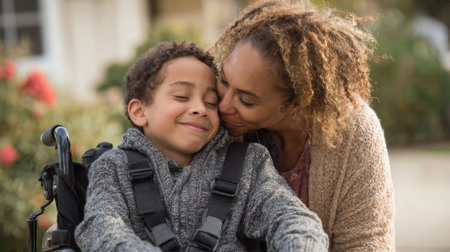 A mother smiles and kisses her son who is in a wheelchair. They are surrounded by blooming flowers and greenery enjoying quality time together in a warm atmosphere.の素材