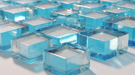 Various glass cubes filled with clear liquid are organized in an artistic pattern on a smooth white surface. The sunlight enhances the vivid blue tones of the cubes creating a calming effect.の素材
