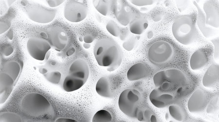 Detailed view of a porous white structure reveals intricate patterns and numerous openings. This close-up highlights the unique texture and formation often seen in natural materials.の素材