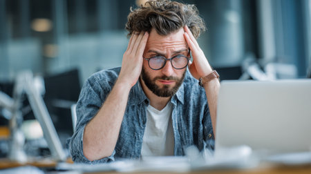 A young man in a casual outfit looks frustrated while working on a laptop in a modern office. He has his hands on his head showing signs of stress as he faces a challenging task.の素材